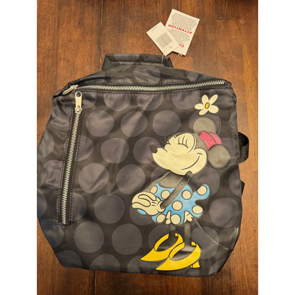 Disney Minnie mouse black on black polka dot back pack NWT